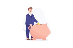 Man in suit, businessmen or manager put money into a piggy bank. Vector, illustration