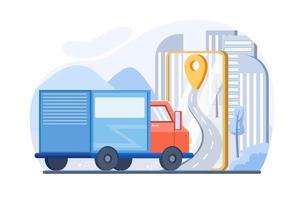 Delivery truck with man is carrying parcels on points vector