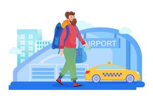 Air traveler. Hipster man with luggage goes to the airport. Vector illustration in cartoon style