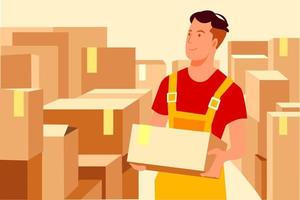 Young man working at a warehouse with boxes vector