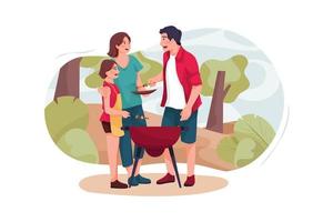 A small family has a barbecue in the forest. vector