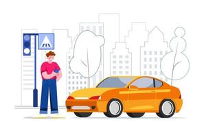 A man with a smartphone standing near the car. vector