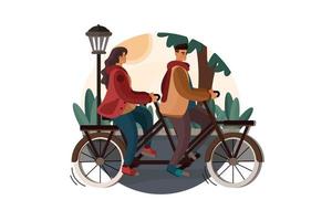 Man and woman are cycling on a double bike in the park vector