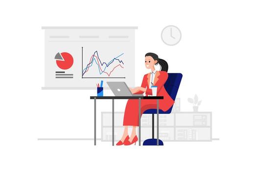 A marketing manager is sitting in front of the laptop with a pie chart and line chart on the back vector