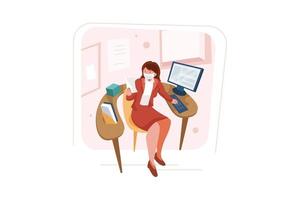 Business woman wearing mask working in office vector