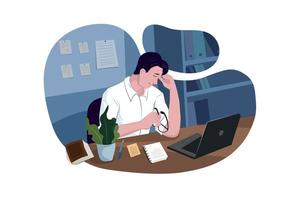 Stressed man working with laptop in office vector
