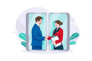 Contract signing, male and female handshake via smartphone vector