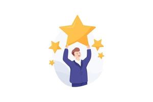 Businessman holding five gold stars for rating, quality, and business concept vector