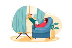 Young man reading a book in cozy living room Illustration vector