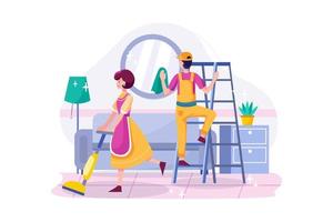 Cleaning team with professional tools tidying up living room vector