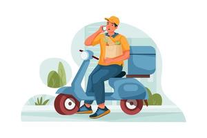 Premium Vector  Pizza delivery guy on moped fast courier man with box  order or parcel on green scooter motorcycle driver on road to client  express food shipping vector illustration cartoon character