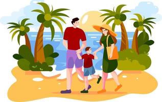 Happy family walking outdoors along ocean beach vector