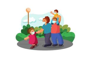 A family is playing in the park and wearing a mask to prevent virus. vector