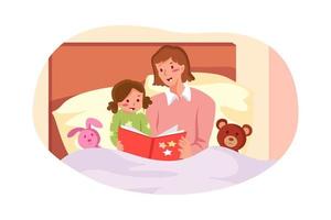 la madre lee un cuento antes de dormir para acostar a su hijo. niña durmiendo después de leer un libro. vector