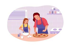 madre con hijos haciendo pizza. vector