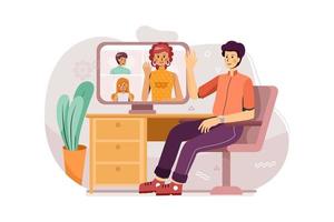 A man opens the online meeting with his team at home vector