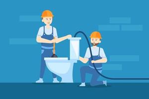 Plumbers are soaking up the water and cleaning the toilet. vector