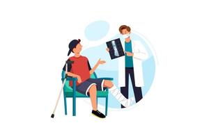 Young man with broken leg, bone in doctor s office at reception. vector