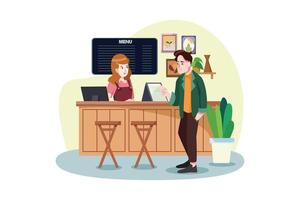 A waiter and a man ordering coffee in a coffee shop. vector