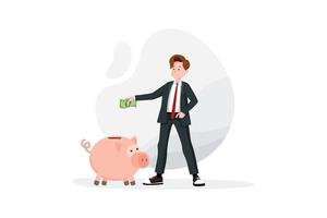 Man in suit, businessmen or manager put money into a piggy bank. Vector, illustration vector