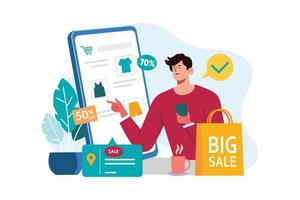 Man searching discount on online store vector