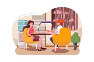 Happy smiling woman character doing manicure in beauty salon. vector