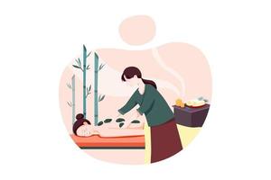 Woman doing massage to a woman with rocks. vector