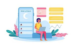 Vector illustration of a sitting girl with referral marketing scheme or infographics. Refer a friend, refer and earn concept or referral marketing strategy banner, landing page, ui element, flyer