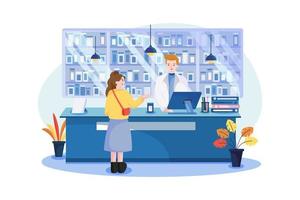 Pharmacist doctor and patient in the drugstore. a client woman buys drugs at a pharmacy vector