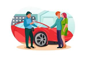 Happy family buying new car. Salesman showing them luxury auto in car dealership store vector