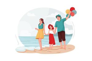 Parents and daughter walking around the beach vector