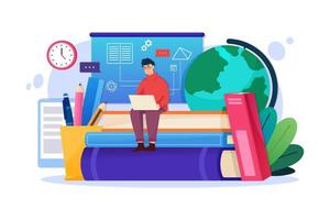 Online self education cartoon poster with sitting on textbooks man with laptop outline style background vector illustration