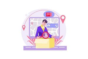 Man unpacking post-delivery with a magnifying glass vector