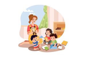 Teacher And Kids Playing In Nursery vector