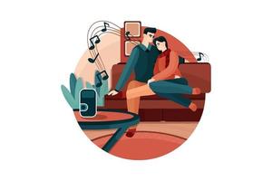 pareja sentada en el sofá escuchando música en un altavoz inalámbrico vector