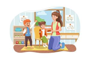 Kindergarten teacher woman helping smiling child to wear clothes for walk activity vector
