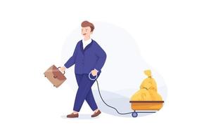 Happy businessman pulling a cart full of money. Bags with money on a cart. vector