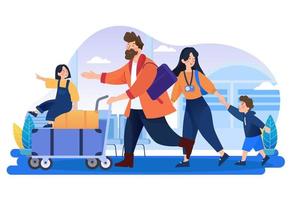 Family travel. Parents and children at the airport fly away for a vacation. vector