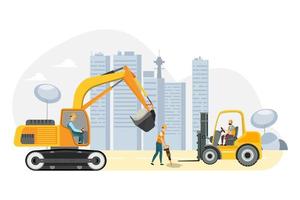 Construction of multi-story buildings flat design concept with cranes bulldozer workers pipes concrete slabs vector