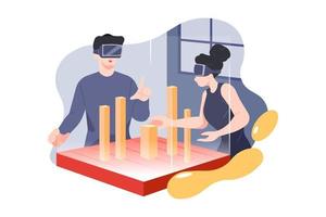 Male and Female architects wearing Augmented Reality headsets work with 3D city model