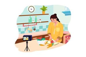 Young asian woman in kitchen recording video on camera. Vlog video live streaming at home. vector