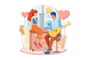 el niño tocando la guitarra y cantando una canción de amor a su hermosa novia el día de san valentín vector