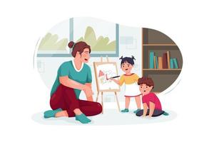 Nanny with cute little children playing and drawing at home vector
