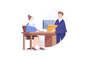 Woman office manager working at the desk. And businessman giving her a document. Office work concept. vector