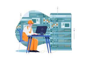 Engineer working at the data center Flat Illustrations Concept vector
