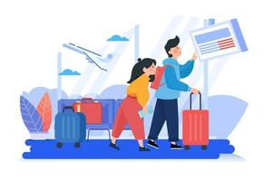 pareja de hombre y mujer en el aeropuerto esperando el vuelo. el vuelo conceptual se retrasa vector