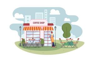 A coffee shop owner wearing an apron in front of the shop facade. vector
