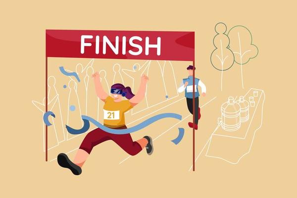 Woman in VR headset running and winning