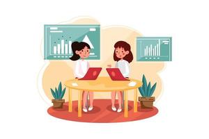 Two young businesswomen sitting at the table and working on charts and diagrams on the computer screen. vector