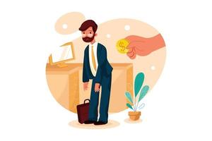 Hand holding coin inserting into the back of businessman with glasses and beard vector